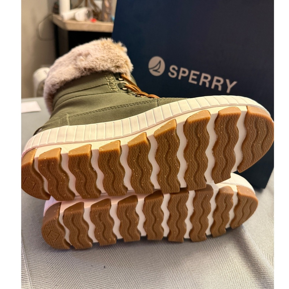 Sperry Torrent Winter Suede Boots Olive Green Faux Fur Waterproof STS89006 W 7.5 - Picture 7 of 9